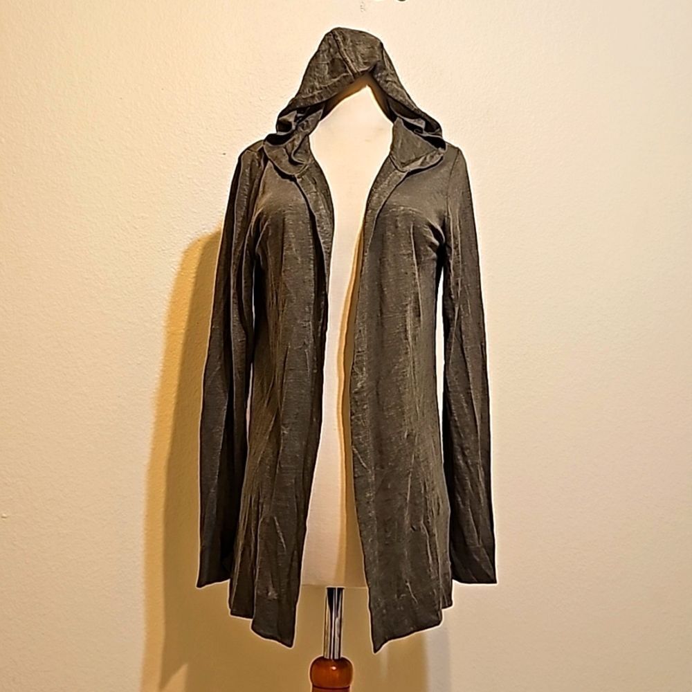 Tahari Women's Sz Medium 100% Linen Grayish green Open Front Hooded Car…